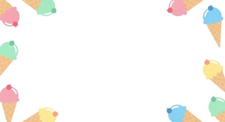 Colorful pastel ice cream cone border on a white background. Sweet summer dessert illustration frame with copy space.