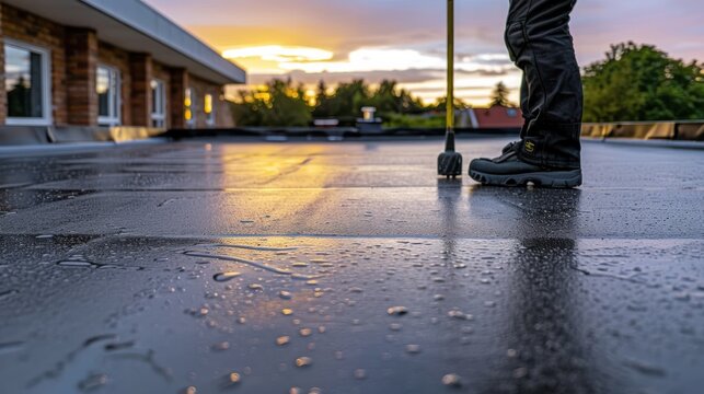 Roofer's boots on wet flat roof reflecting golden sunset, professional roof inspection