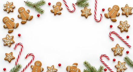 Christmas gingerbread cookies, candy canes, and fir branches forming a festive holiday border on a white background with copy space