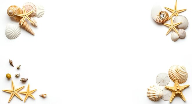 Seashells and Starfish Frame Summer Beach Background