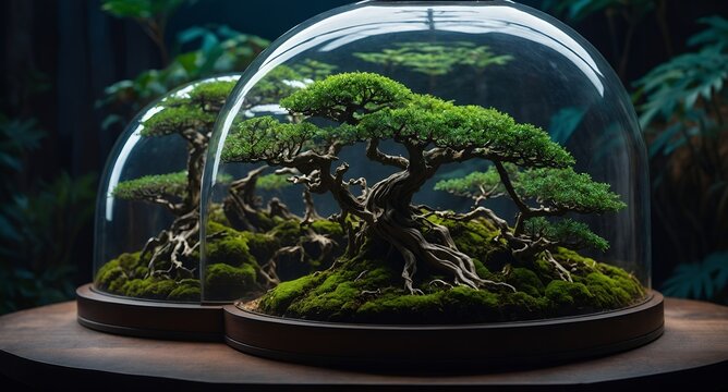 Two bonsai trees under glass domes sitting on a wooden surface in a dark environment