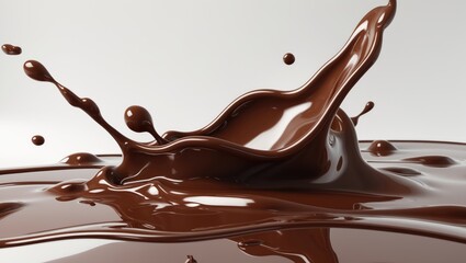 Splash of chocolate in motion with liquid chocolate splashing and flowing. Sweet treat and dessert concept. The image of chocolate liquid in dynamic movement.