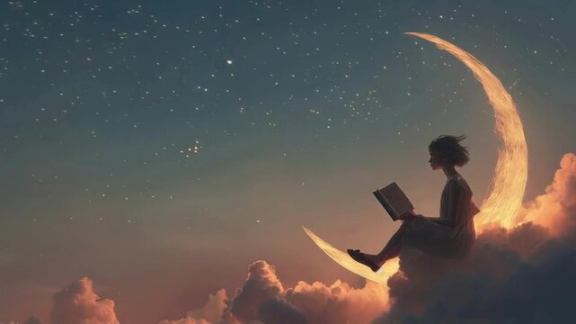 abstract animation with cute, dreamy girl sitting on the moon and reading a book; book reader footage 