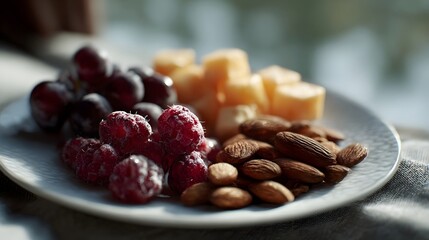 A healthy snack plate of fresh fruit and nuts
