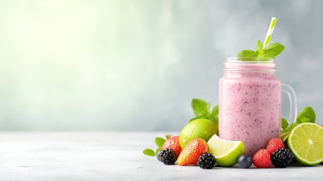 A refreshing smoothie in a mason jar surrounded by fresh fruits, featuring vibrant colors and a playful straw. - Powered by Adobe