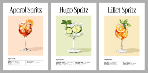 Watercolor spritz cocktail set with Aperol Spritz, Hugo Spritz, and Lillet Spritz. Summer drink posters with ingredients in stylish glasses on pastel backgrounds.
