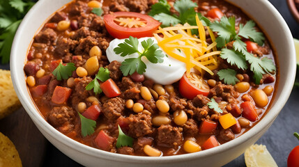 Chili Con Carne Bowl: A close-up shot of a steaming bowl of chili con carne, featuring a rich, savory mixture of ground beef, beans, tomatoes, and spices. The bowl is garnished with fresh parsley.