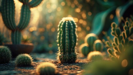 A cactus surrounded by other cacti and succulents, illuminated by sunlight, in a desert or greenhouse setting.