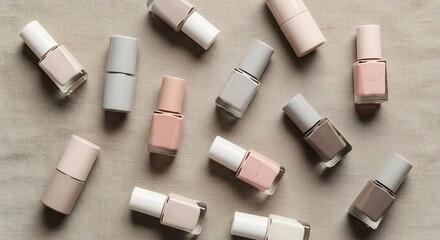 A collection of assorted neutral and pastel colored nail polish bottles scattered on a textured burlap background