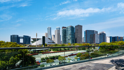 Modern Urban Skyline with Skyscrapers and Green Spaces