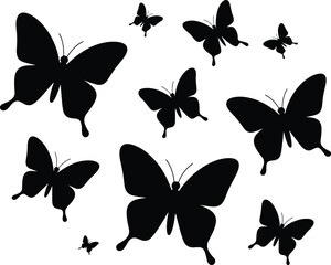 Black butterfly silhouettes vector illustration, flying insect icons isolated on white background, decorative nature elements for design, cutout shapes, printable art