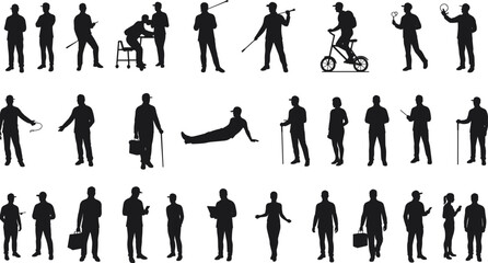 Silhouettes of diverse people in various poses, walking, sitting, pointing, talking, gesturing, riding bicycle, holding objects, body language vector illustration
