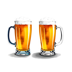 Two Beer glasses. Classic beer mug or pint with cold beer. Watercolor realistic illustration. Modern design