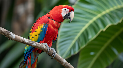 Obraz premium A vibrant scarlet macaw perched on a branch, its plumage a striking mix of red, yellow, and blue, set against a backdrop of lush green foliage, captured with a shallow depth of field to emphasize the 