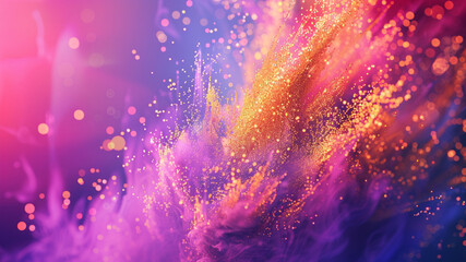 vibrant paint splash fireworks, flowing and exploding in golden, sapphire, magenta and violet tones, smooth gradient background from pink and violet to deep blue