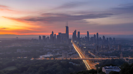 Naklejka premium A wide shot captures a cityscape at dusk, with a focus on the skyline dominated by skyscrapers. The sky transitions from a warm orange on the left to a cooler purple-blue on the right, indicating eith