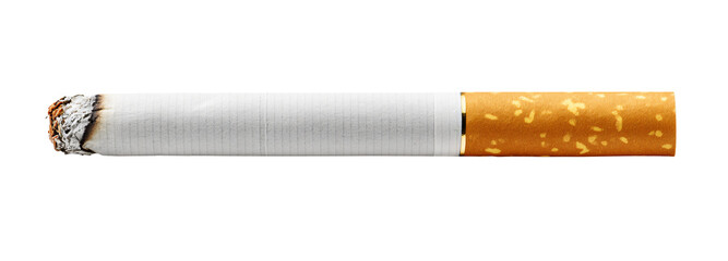 Lit cigarette with ash and smoke, ready to burn, isolated on black