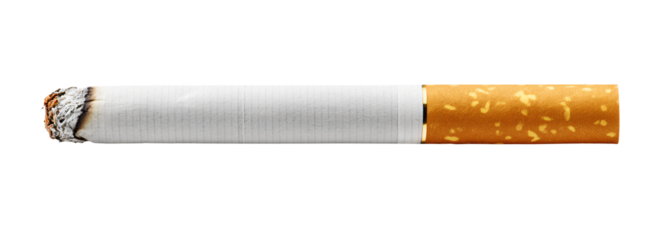 Lit cigarette with ash and smoke, ready to burn, isolated on black