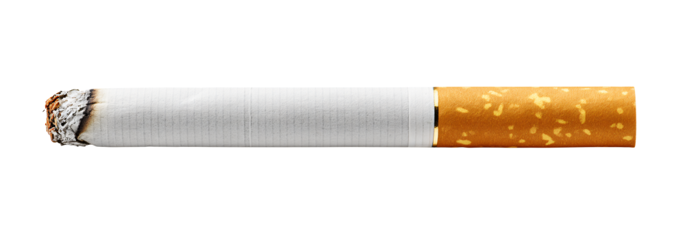 Lit cigarette with ash and smoke, ready to burn, isolated on black