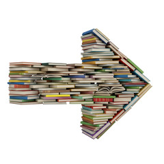 Obraz premium A directional arrow pointing right, constructed from a large stack of colorful books, isolated on a transparent background.