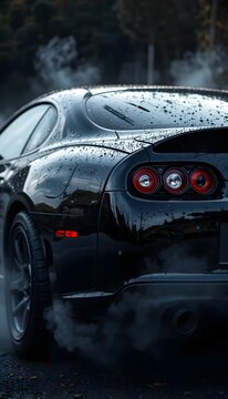 Rear view of a black sports car enveloped in smoke