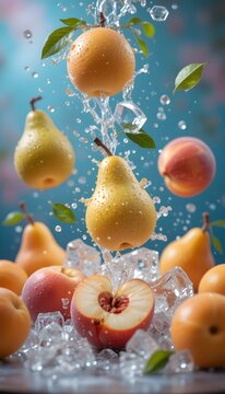 Fresh Fruits Pears and Peaches in mid-air with ice-cubes