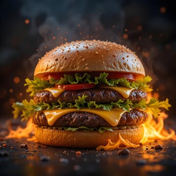 Cheeseburger against a dark background with flames.