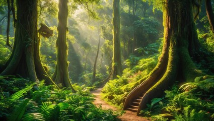 Lush forest scene with tall trees and green foliage, sunlight filtering through the canopy, and a dirt pathway winding through the dense jungle.
