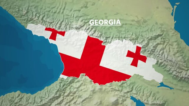Zoom from Earth to Georgia. (Country Flag) World map animation with highlighted country borders.  Cinematic 3d world map animation highlights aerial views, tourism, and travel. 4k