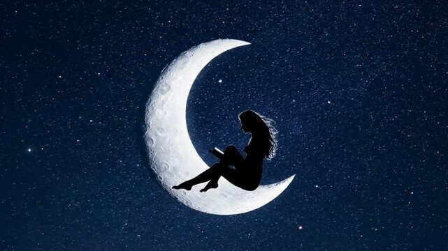 flat style abstract animation with girl silhouette sitting on the moon and reading a book; book reader footage 