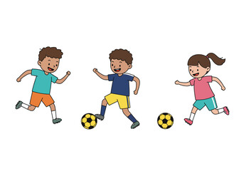 Cartoon Children Playing Soccer with Balls on White Background