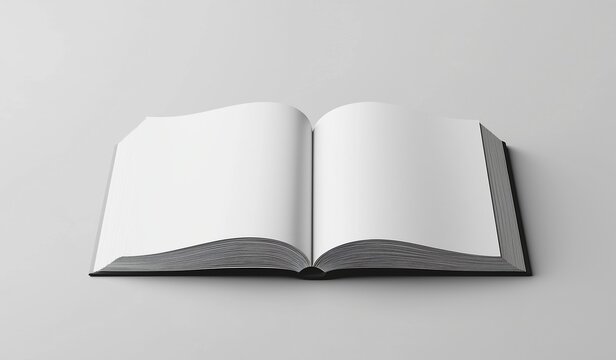 Minimalist open book mockup with blank white pages on grey background for design templates, copy space presentations, or print magazine cover concepts