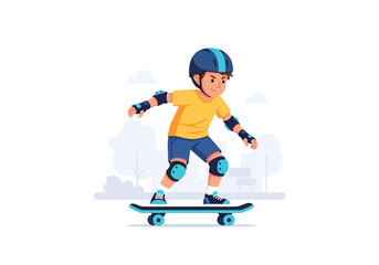 Boy Skateboarding with Protective Gear in a Park Setting Illustration