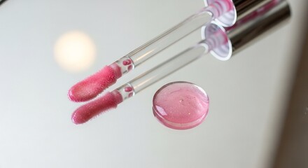 Pink lip gloss with applicator wand and a drop of liquid on a reflective surface, isolated on white background