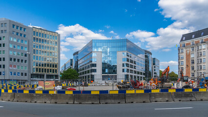Brussels, Belgium, 08.10.2025, Panorama from Rond Point place, with EU buildings Berlaymont, Résidence Palace, Council of Ministers building, Char, European Union construction sites