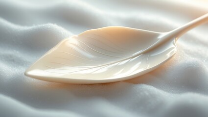Creamy substance on a leaf with a smooth, silky texture, resting on a soft, snow-like surface.