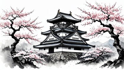 Traditional Japanese Castle with Blooming Cherry Blossoms