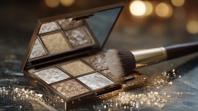 A luxurious bronzer palette with a metallic finish, surrounded by luminous powder and a shimmer-tipped brush, epitomizes high-end makeup elegance.