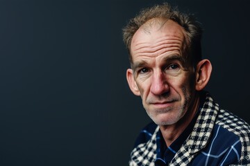 Mature man portrait in checkered shirt with expressive face. Copy space for text