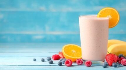 A refreshing fruit smoothie in a glass, garnished with an orange slice, surrounded by berries and bananas against a blue background.