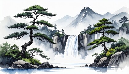 Obraz premium Serene Waterfall and Pine Trees in Traditional Japanese Art Style