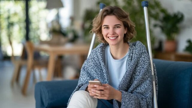 A resilient woman with a leg cast and arm sling texts cheerfully in a bright living room, exuding positivity.