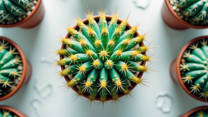 Top view of a cactus plant with yellow spines in a pot, surrounded by other cactus pots, on a white surface.