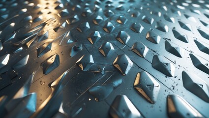 Fototapeta premium Close-up of metallic spikes or studs on a surface, with reflections and water droplets.