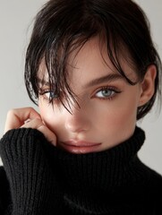 Close-up portrait of a woman, studio style, magazine cover, pale skin and grainy texture 