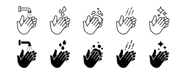 Wash your hands icons set. Hand washing icons set. Hand drawing with water tap, drop, soap bubble sign, vector illustration