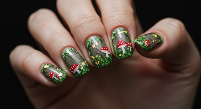 Enchanted Forest Nail Art Mushroom Design on Nails with Woodland Details and Glitter