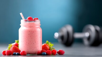 A refreshing smoothie surrounded by berries, with a dumbbell in the background, highlighting a healthy lifestyle and fitness.