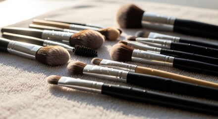 A collection of various makeup brushes laid out on a soft surface, showcasing different shapes and sizes for beauty application