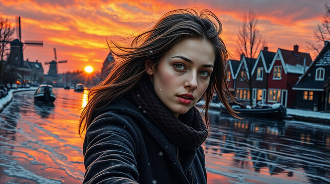 Portrait of Hans Brinker's sister with serene expression against a frozen canal and Dutch houses, illustration for "Hans Brinker, or the Silver Skates"